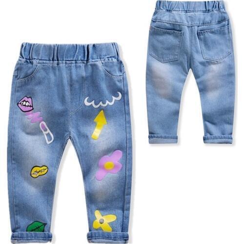 Girls Jeans Autumn Print Pattern Trousers Boys Cartoon Ripped Jeans Children Jeans Kids Clothes Baby Girl Birthday Party Jeans