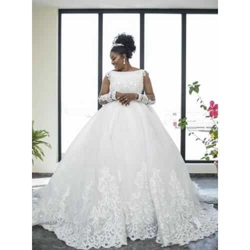 Hot Sale Boat Neckline Long Sleeves Luxury Pearls Wedding Dresses Sweep Train Lace Appliques Bridal Gowns Custom made