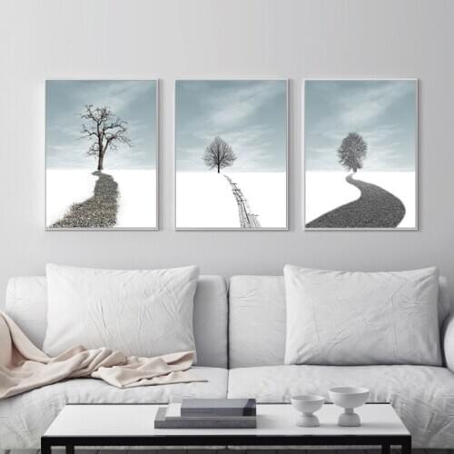HAOCHU Nordic Canvas Painting Abstract Tree Lndscape Decoration Painting Room Posters Modern Simple Wall Art Snow Dream Road