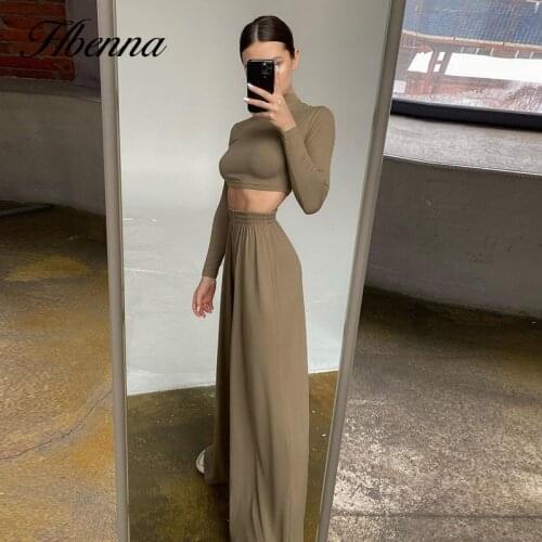 Hbenna Two Piece Wide Leg Pant Set And Long Sleeve Crop Top Autumn Casual Elegant Turtleneck Minimalist Classic Outfit Female