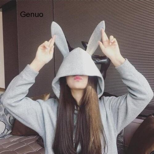 Korean Style Sweet Rabbit Ears Hooded Sweatshirt Women Solid Color Hoodies Loose Loose Long Sleeve Tracksuits Pullovers Clothing