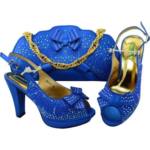Royal Blue Nice Design Italian Slipper Shoes With Bag Set Latest Rhinestone African Women High Heels Shoes And Bags For Party