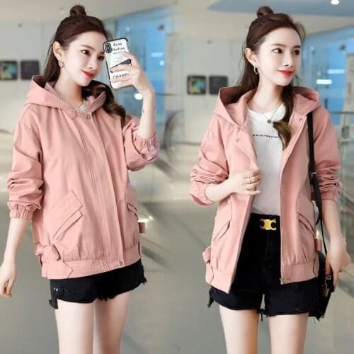 New Women Wild Jacket Coat Spring Hooded Coat Tops Short Casual Loose Windbreakers Bow Zipper Pocket Coat Fashion Slim Outwear