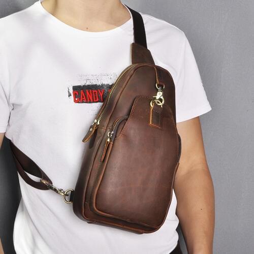Men Quality Crazy horse Leather Casual Fashion Crossbody Chest Sling Bag Design Travel One Shoulder Bag Daypack Male 812-23