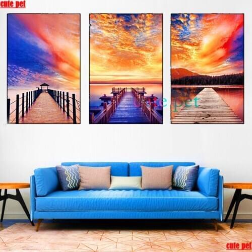 3PCS Diy Sunset glow diamond painting Wooden bridge mosaic home decoration embroidery pattern Cross Stitch handmade puzzle gift