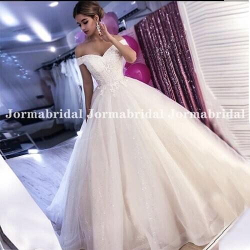 Off Shoulder Princess Ball Gown Wedding Dresses Bling Bling Glitter Tulle Appliques Bridal Dress Lace Up Back Robe De Mariee