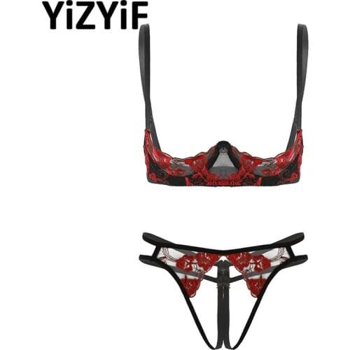 Sexy Lingerie Women Erotic Open Cup Bra Top Crotchless G-string Thongs Underwear Set Sexy Embroidery Floral Lace Lingerie Set