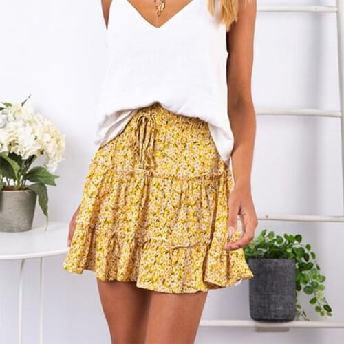 2021 Summer Womens High Waist Ruffled Floral Skirt Printed Beach A-line Short Skirt