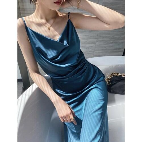 2021 Women Satin Deep V Neck Sexy Dress Solid Straight Pajamas Party Dress Elegant Female Summer Spaghetti Strap Dress Casual