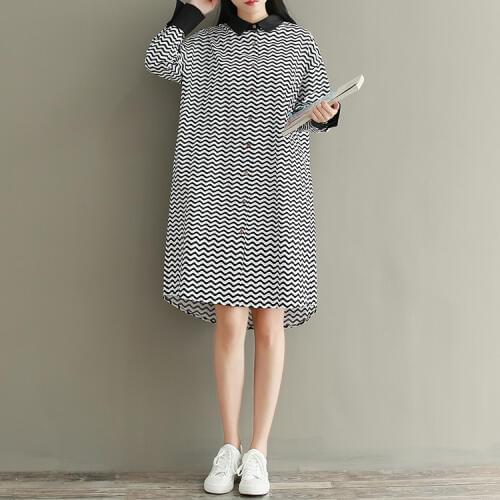 Womens New 2019 Wavy Striped Cotton Loose Casual Shirt Dress Long Sleeves Elegant Dress Vestidos Verano