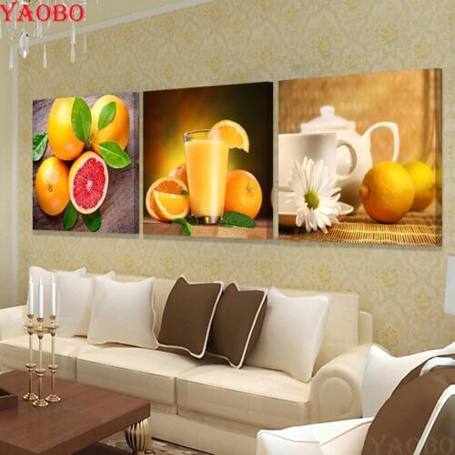 Full Drill Square Diamond Mosaic 5D DIY Diamond Painting Fruit lemon Rhinestones Embroidery With Diamonds Kitchen decor 3pcs set