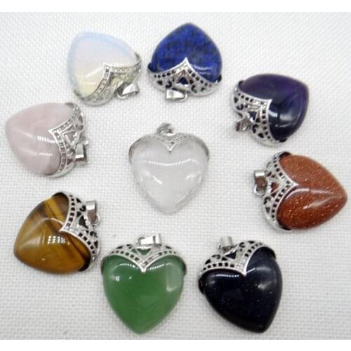 4pcs Good Quality Romantic Silver Plated Natural Gem Stone Quartz Crystal Mixed Heart Shape Pendants DIY Jewelry Making Necklace