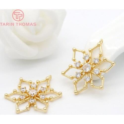 4PCS 18x22MM Hole 1MM 24K Gold Color Plated Brass with Zircon Snowflake Charms Pendants High Quality Diy Jewelry Accessories
