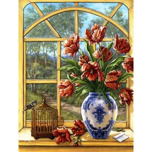 Diamond Painting 5D DIY Landscape Painting Window Sill Flower Scenery Picture Square/Round Diamond Cross Stitch Decorative TX234