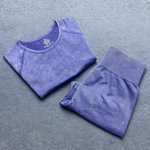 Seamless Sport Set Women Sand Washed Denim Suit High Waist Shorts Workout Fitness Run Gym Suit Retro Yoga Sets Short TopClothes