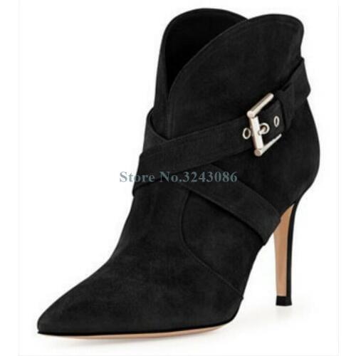 Black Apricot Faux Suede Ankle Boots Pointed Toe Buckle Strap Stiletto Heel Boots Cross Tied Short Women Boots Spring Autumn