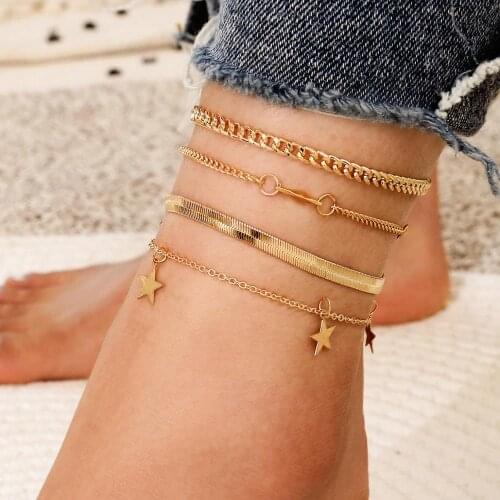 Boho Stars Sequins Pendant Anklet Set Fashion Blade Chain Ankle Bracelet for Women Summer Foot Chain Beach Barefoot Jewelry Gift