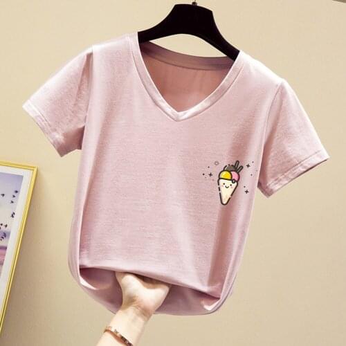 Kawaii Ice Crea T Shirt for Girl White Short Sleeve T Shirt Women Kpop Cute Summer 2020 New Cartoon Sweet V Neck Pink Tee Ladies
