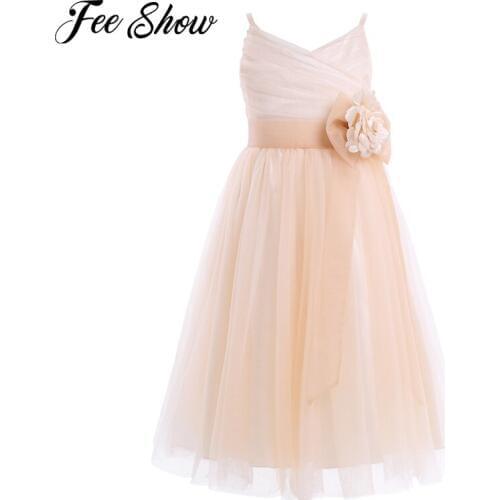 Summer Girls Tulle Mesh Dress Kids Spaghetti Straps Flower Girl Dress Princess Pageant Wedding Bridesmaid Birthday Party Dress