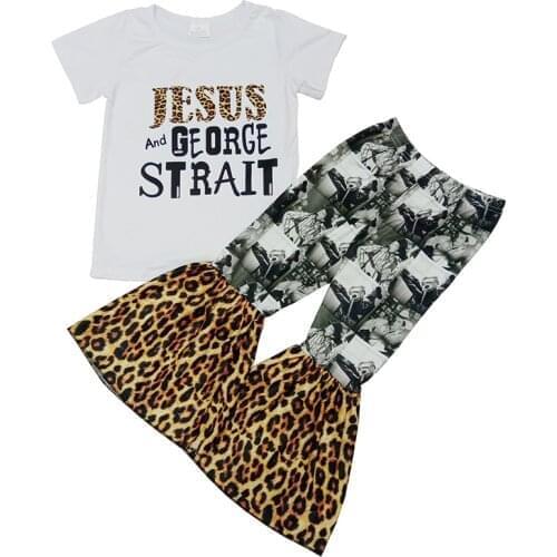 Hot sale girls fashion outfit Jesus and George print TOP bell bottom pants boutique baby girls no moq clothing set