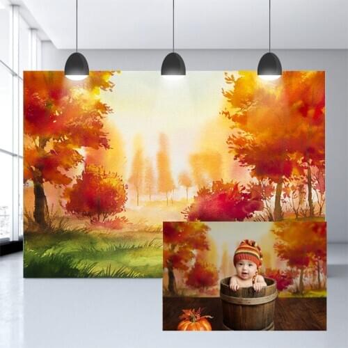Mehofond Painted Autumn Forest Backdrop Red Maple Leaf Tree Grassland Newborn Baby Portrait Photography Background Photo Studio