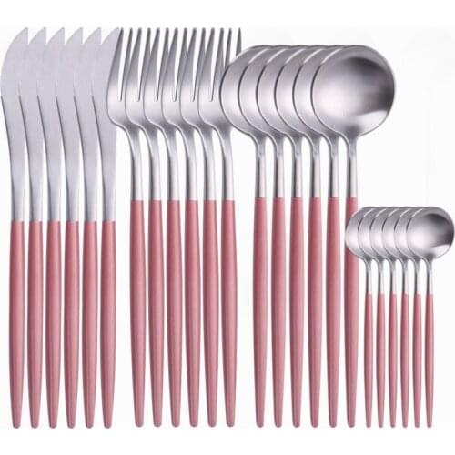 24pcs Matte Silverware Cutlery Set Stainless Steel Dinnerware Pink Fork Spoons Knives Cutlery Set Western Tableware Cutlery Set