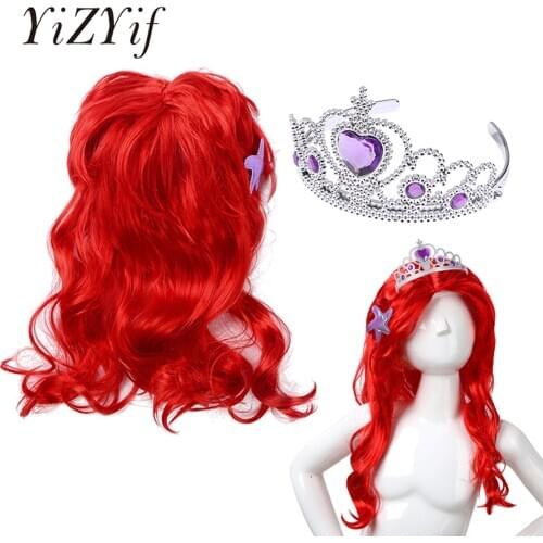 New Mermaid Wig Princess Hair Bands Girls Party Fancy Accessories Princess Red Hair Wigs Crown Headwear for Christmas Halloween