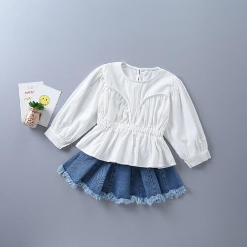 2-7 years high quality girl clothing set 2020 new autumn casual tiered ruched solid shirt + short denim skirt kid children clot