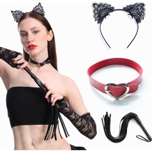 Necklace Choker Sexy Accessories Set Spanking Flirting Leather Whip Cosplay Lace Cat Ears Sexy Hair Band Headdress Toy Gift