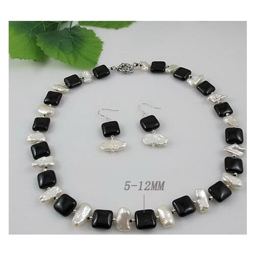 Elegant Women Jewelry Set Black Agates White Real Freshwater Pearl Necklace Earrings Charming Wedding Birthday Gift