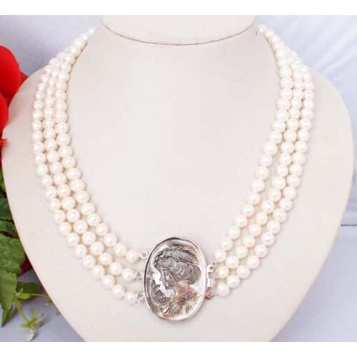 Fashion Beautiful 3 Row 6-7mm Nature Freshwater PearlNecklace Natural White Gray Pendant Stone Shell For Women Jewelry 17-20"