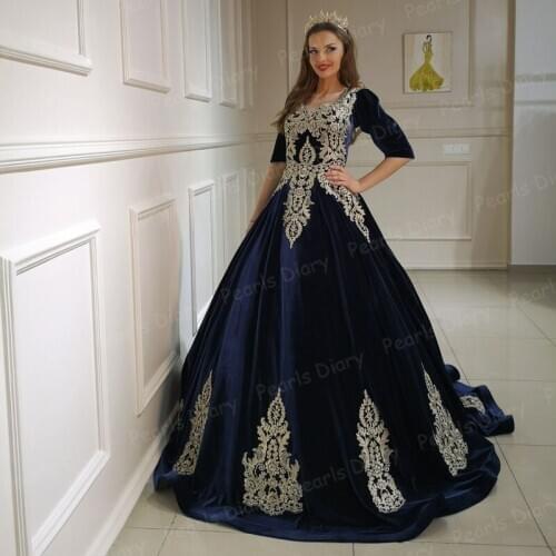 Luxury Velvet Ball Gown Evening Dresses 2021 Robe De Soiree Gold Lace Appliques Party Gowns Pageant Celebrity Prom Dress Arabic
