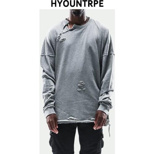 Destroyed Ripped Holes Tshirt Tops Mens O Neck Long Sleeve Loose Tees Hip Hop Autumn Solid Color Skateboard Streetwear Pullovers