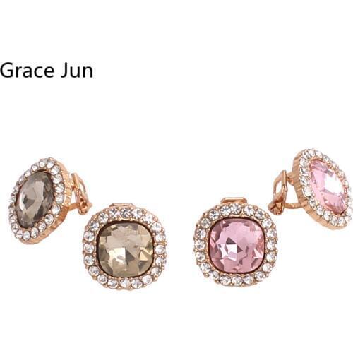 Grace Jun New Rhinestone Crystal Clip on Earrings No Pierced for Women Party Wedding Luxury Bride No Ear Hole Earrings