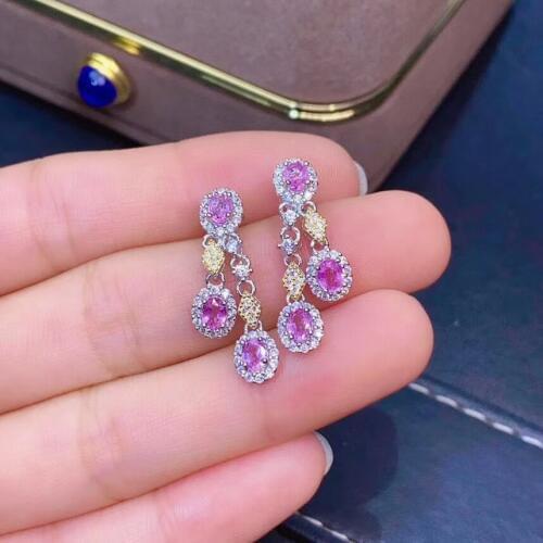 Luxury string tassels Irregular natural pink sapphire drop earrings Natural gem earrings 925 silver female party gift jewelry