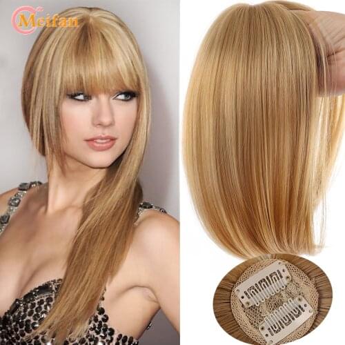 MEIFAN Synthetic Topper Hair Pieces Blunt Bangs Clip in One Piece Overhead Replacement Invisible Seamless Natural Fake Hairpiece