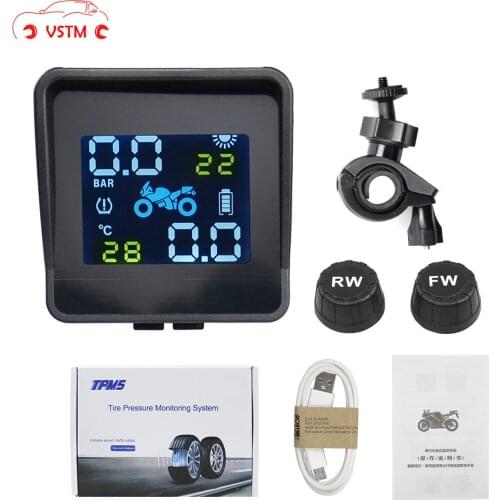 USB Solar Charging Motorcycle TPMS Motor Tire Pressure Tyre Temperature Monitoring Alarm System with 2 External Sensors