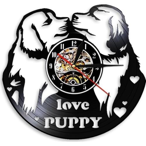 Modern Dog Lovers Design Vinyl Record Wall Clock Puppy Pet Animal Wall Hanging Decor Quartz Clocks Watch Gift For Puppy Lover