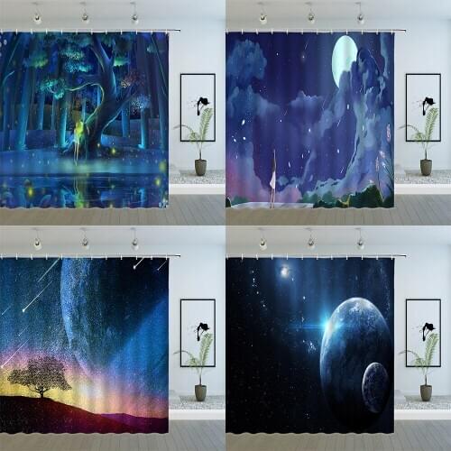 Dream Starry Sky Shower Curtains Planet Cartoon Night View Pattern Print Bathroom Decor Fabric Hanging Curtain Set