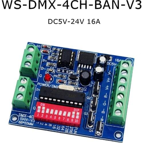 WS-DMX-4CH-BAN-V3 4CH RGBW Easy DMX512 Controller Decoder Dimme DC5V-24V for RGBW LED Strip Light Constant Voltage Common Anode
