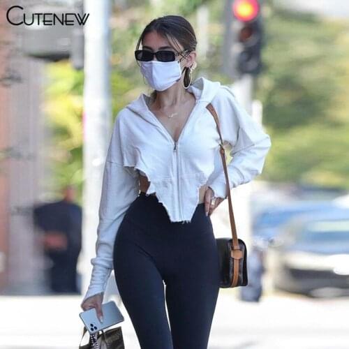 Cutenew Solid Color Hooded Long Sleeve Zipper Coat Women Autumn Fashion Crop Irregular Loose Casual Lady Sporty Tops Streetwear