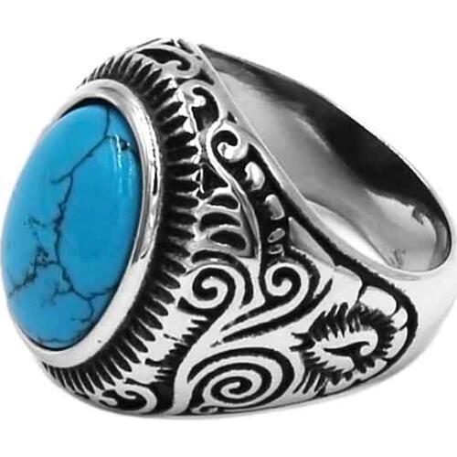 Fashion Blue Stone Rings Stainless Steel Jewelry Charm Indian Style Flower Biker Men Women Ring Wholesale 910B