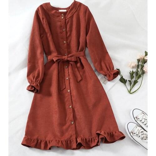 Sanishroly Autumn Women Long Sleeve Ruffles Dress Tie Bow Sashes High Waist Dresses Female Button Midi Long Dress Vestidos SE371
