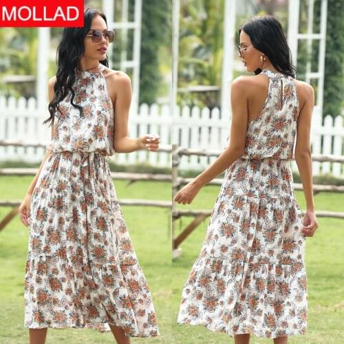 021 Summer EBay European and American Sexy Floral Sleeveless Halter Elastic Waist Dress for Women