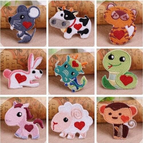 12 Zodiac Animal Patches Cartoon Animal Embroidery Cloth Stickers DIY Glove Wallet Decoration for Childrens Clothes Mending