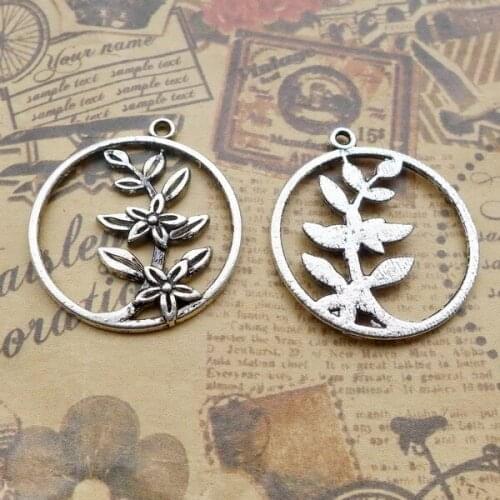 6Pcs 32.5*28.8mm Antique Silver Color Alloy Flower Hollow Round Charms Earrings Necklace Vintage Pendant For DIY Jewelry Making