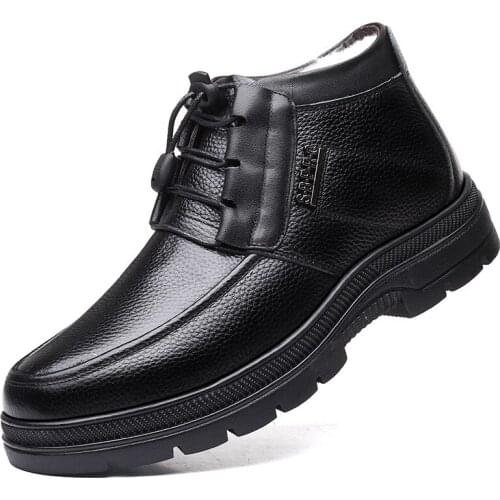 83Leather Winter Mens Cotton Boots British Business Overalls Elastic Strap Mens Shoes with Fleece Warm Wool Lining Leather Mop