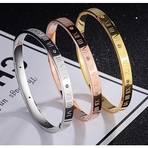 New Fashion Titanium Steel Rome Number Rhinestone Bracelets Jewelry for Women Men Lover Bangle Bracelets Pulseiras Bangles