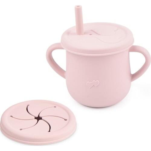 Baby 2 in 1 silicone cup Straw cup Snack Container infant Feeding mug with Two handles for Toddler learning drink water