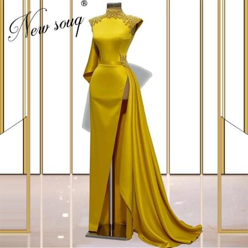 Elegant Yellow Women Beaded Prom Dresses Vestidos Customized Saudi Arabic Evening Dress Single Sleeve Dubai Pageant Gowns 2021